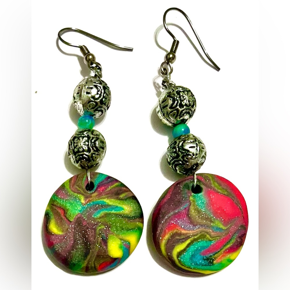 Handmade Clay and Bead Earrings Unique One of a Kind Jewelry